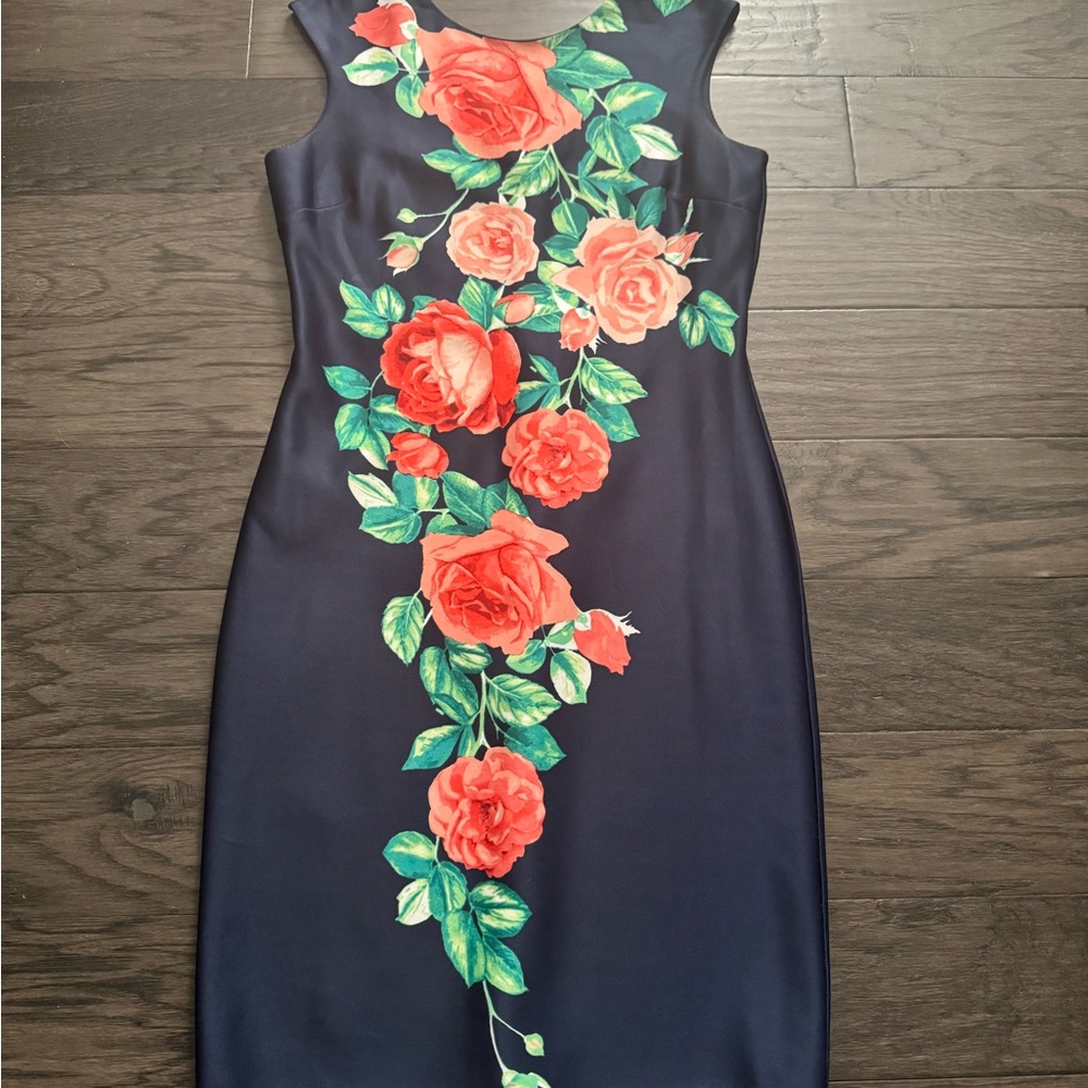 Enfocus Studio Navy Midi Dress with Red Rose Print Size 14
